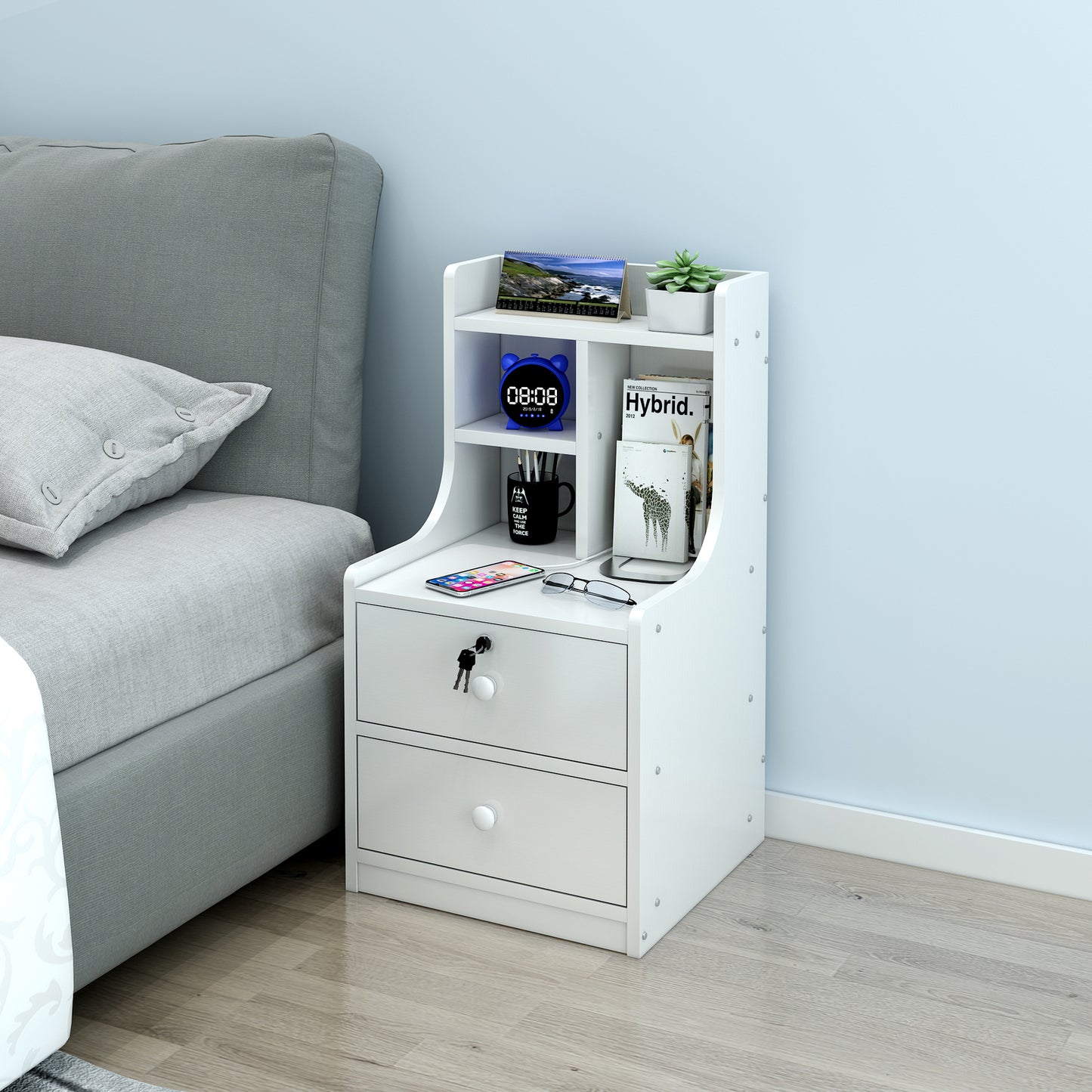 Imperial 2-Drawer Tall Bedside Table with Chest of Drawers and Shelf (White)