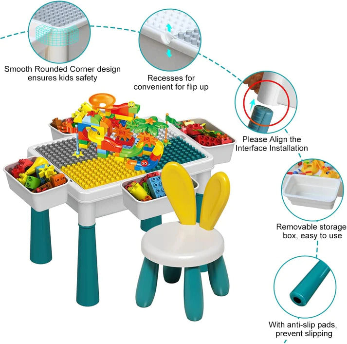 Multifunctional Activity Table, Chair & 186 Building Blocks Educational Toy Set