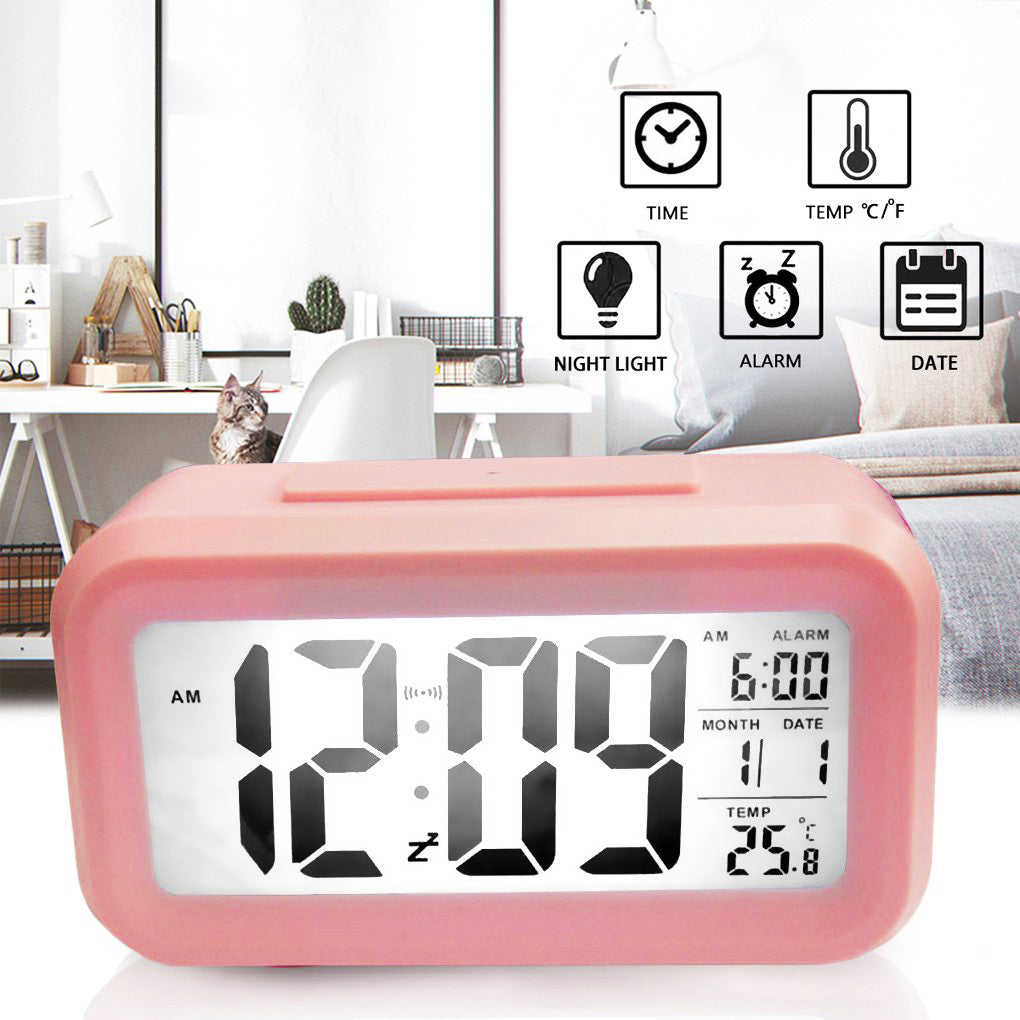 Multifunction Digital Sensor Automatic Light Snooze Desk Alarm Clock (Pink)