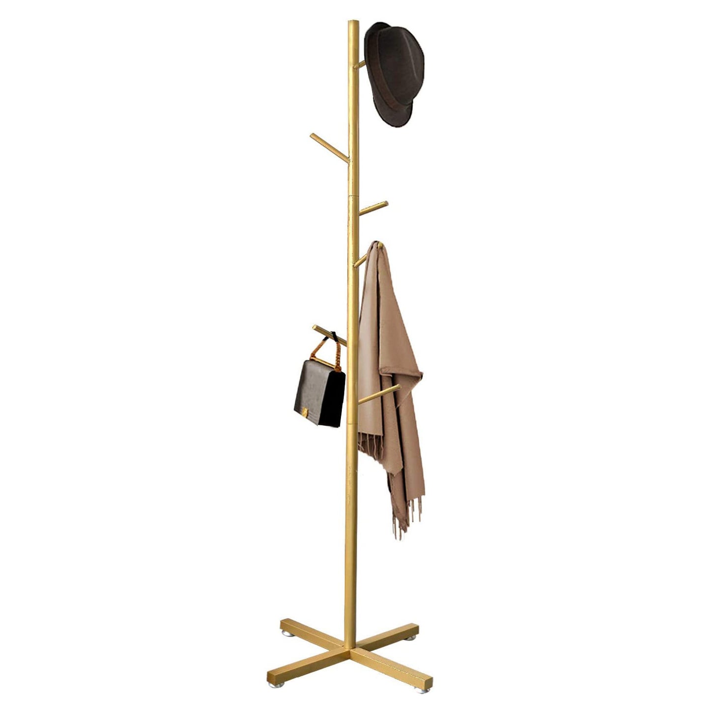 Freestanding Metal Coat Hat Hanging Stand Clothes Hanger Rack Tree Organiser (Gold)