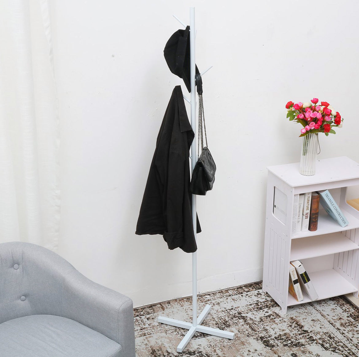 Freestanding Metal Coat Hat Hanging Stand Clothes Hanger Rack Tree Organiser (White)