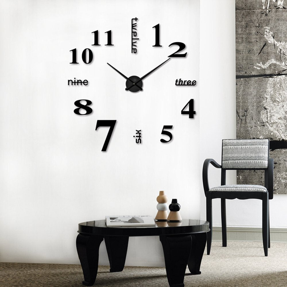 3D Luxe DIY Large Wall Clock Home Decoration (Black)