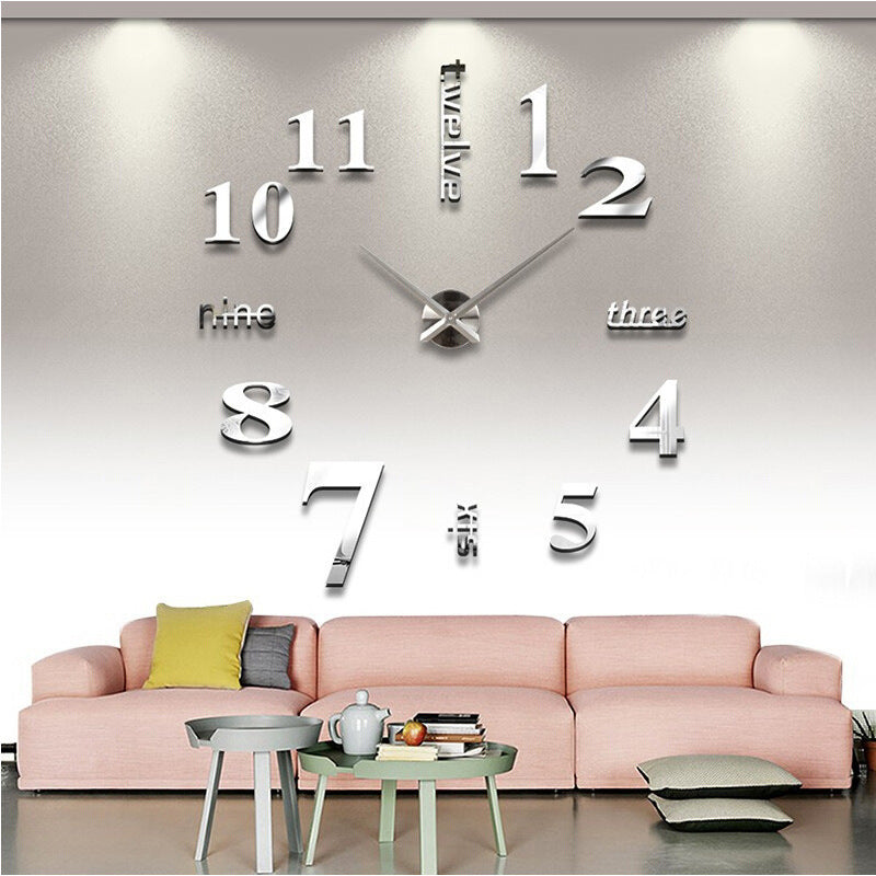 3D Luxe DIY Large Wall Clock Home Decoration (Silver)