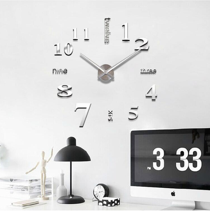 3D Luxe DIY Large Wall Clock Home Decoration (Silver)