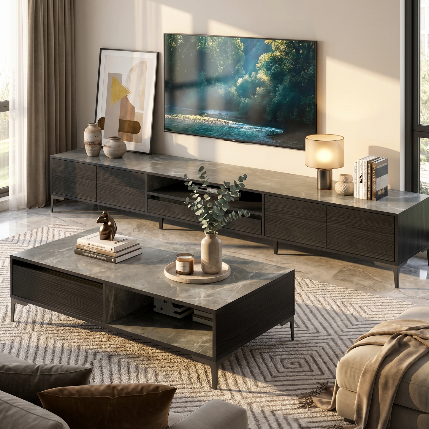 2-Piece Set Minimalist Large Coffee Table & 2m TV Cabinet