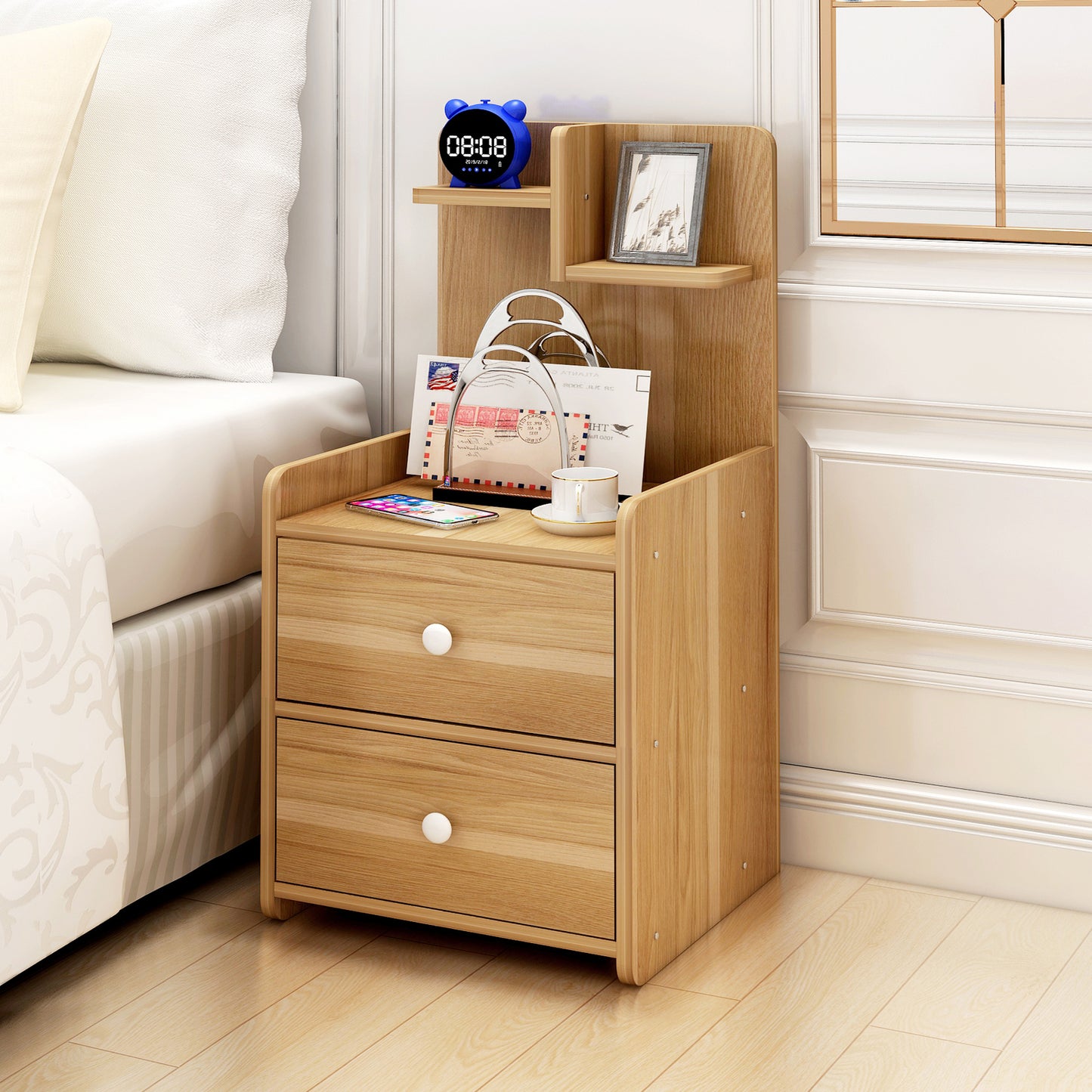 Parklane Tall Bedside Table with Chest of Drawers and Shelf (Oak)