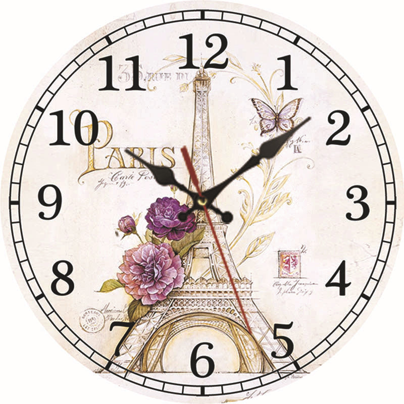 Wooden 30cm Vintage Paris Flower Eiffel Tower Home Decor Wall Clock