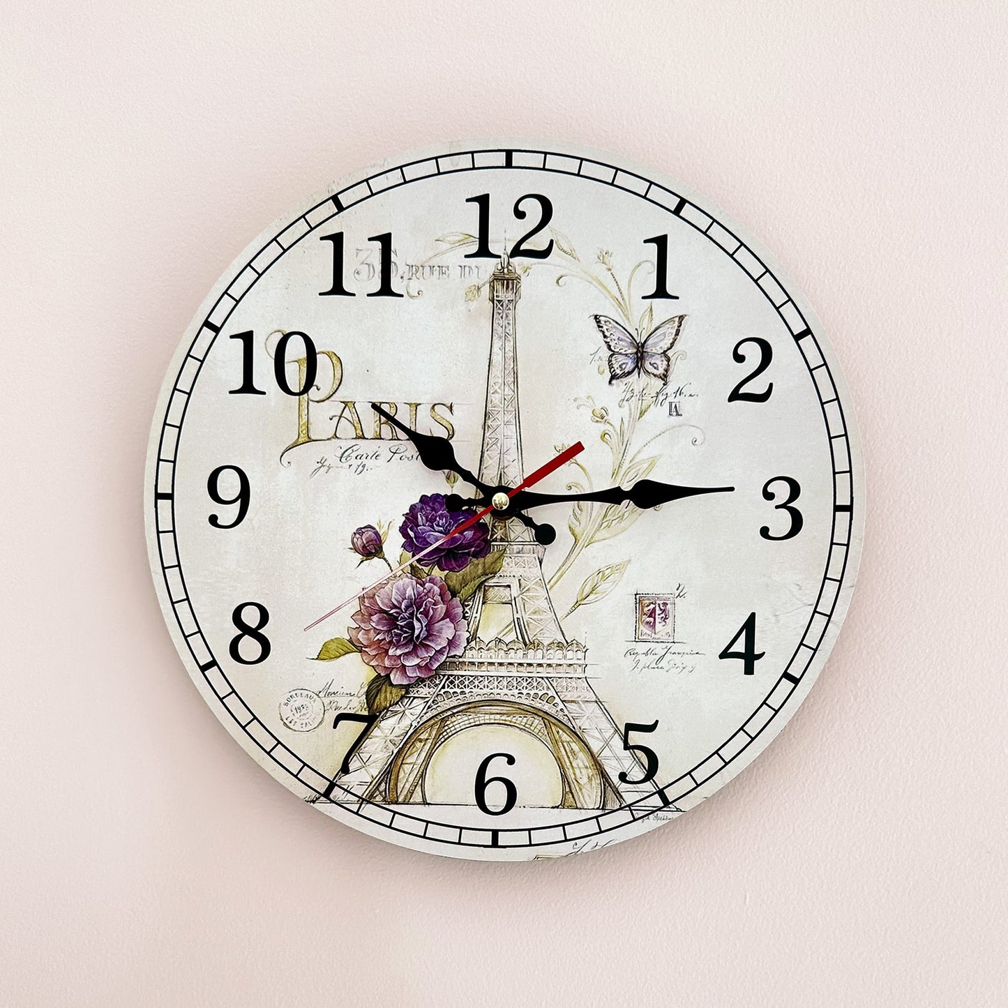 Wooden 30cm Vintage Paris Flower Eiffel Tower Home Decor Wall Clock