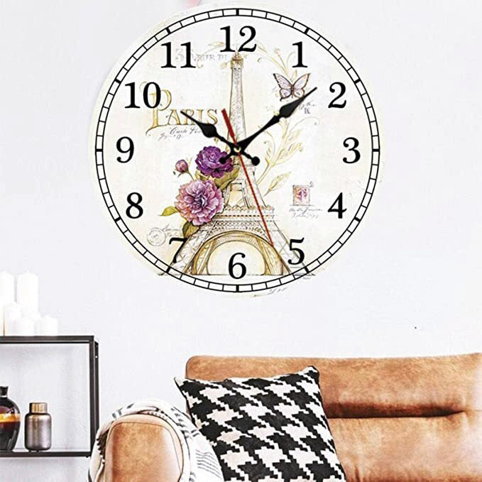 Wooden 30cm Vintage Paris Flower Eiffel Tower Home Decor Wall Clock