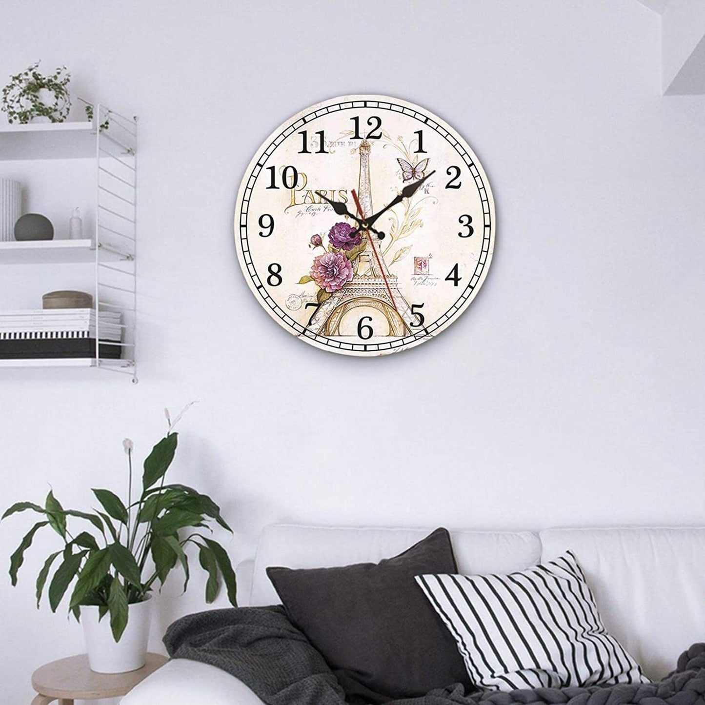 Wooden 30cm Vintage Paris Flower Eiffel Tower Home Decor Wall Clock