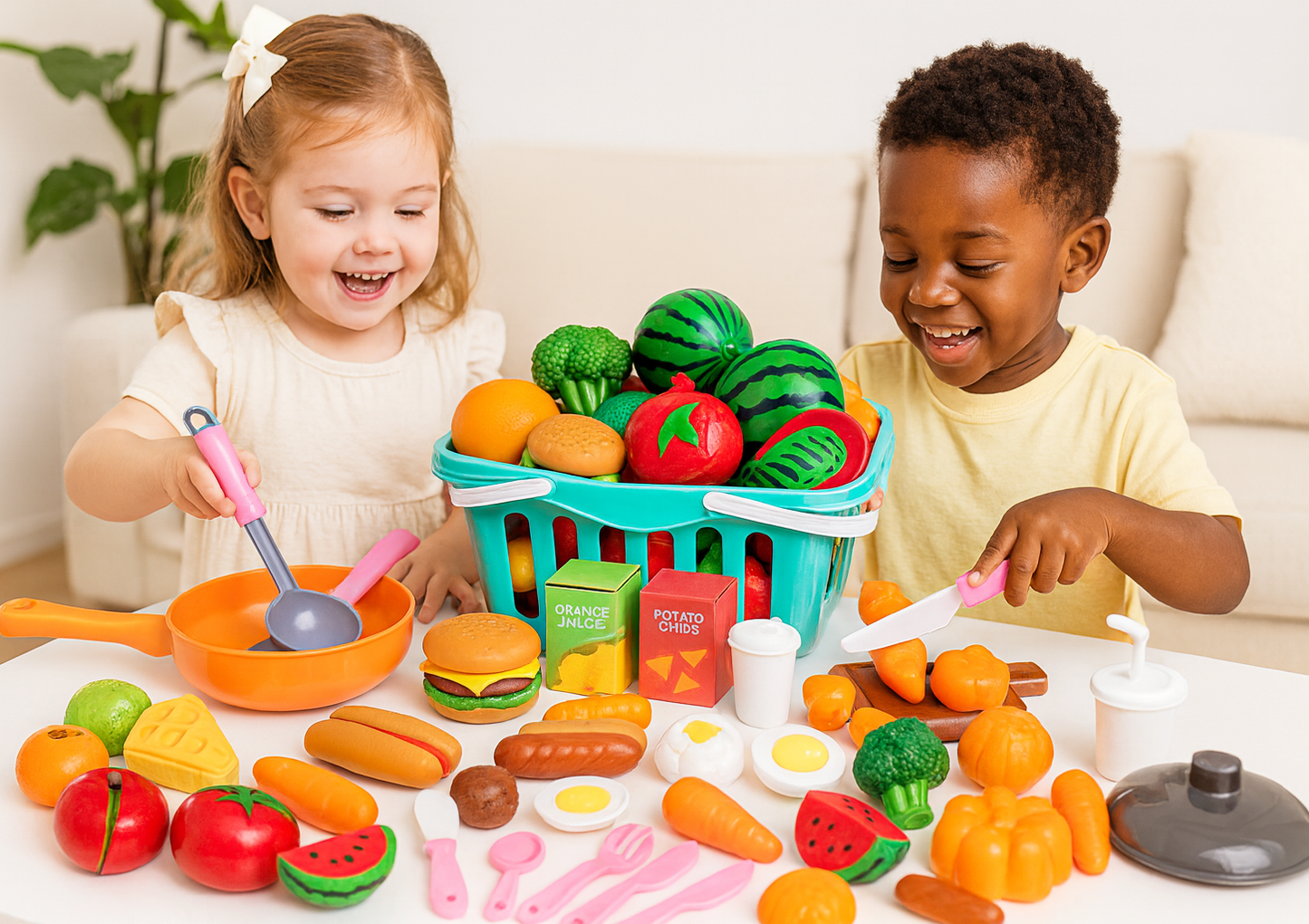 60-Piece Realistic Pretend Cutting Food Toy Play Set with Basket