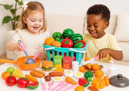 60-Piece Realistic Pretend Cutting Food Toy Play Set with Basket