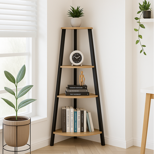 4-Tier Corner Ladder Shelf Unit Rustic Oak Wood & Steel Display Stand Storage Rack