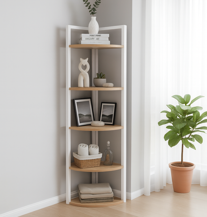 Optima 5 Tier Wood & Steel Corner Shelf Organizer Unit (Rustic Oak & White)