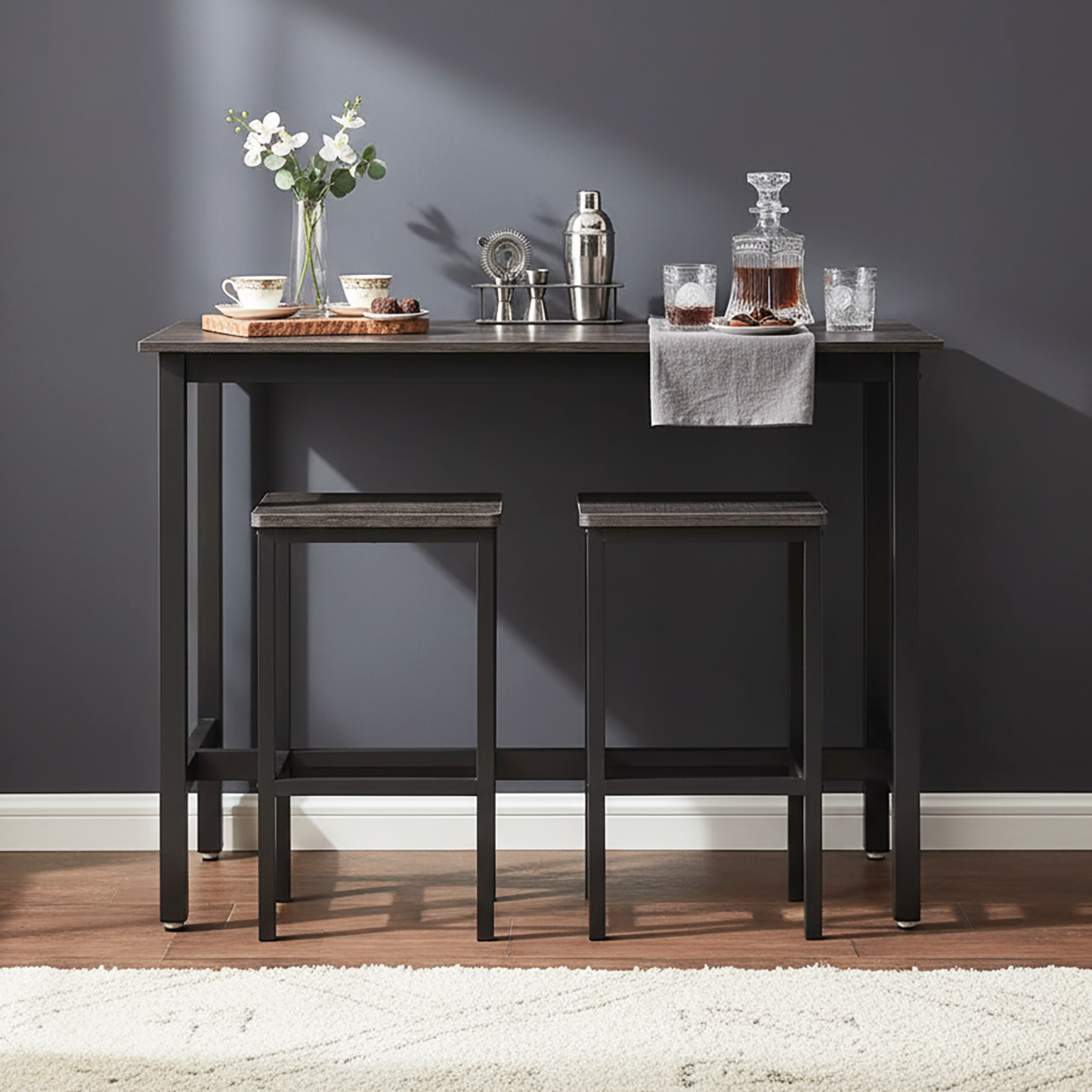 3 Piece Grandeur Premium Rustic Wood & Steel Bar Table and Stools Dinning Set (Driftwood Grey)