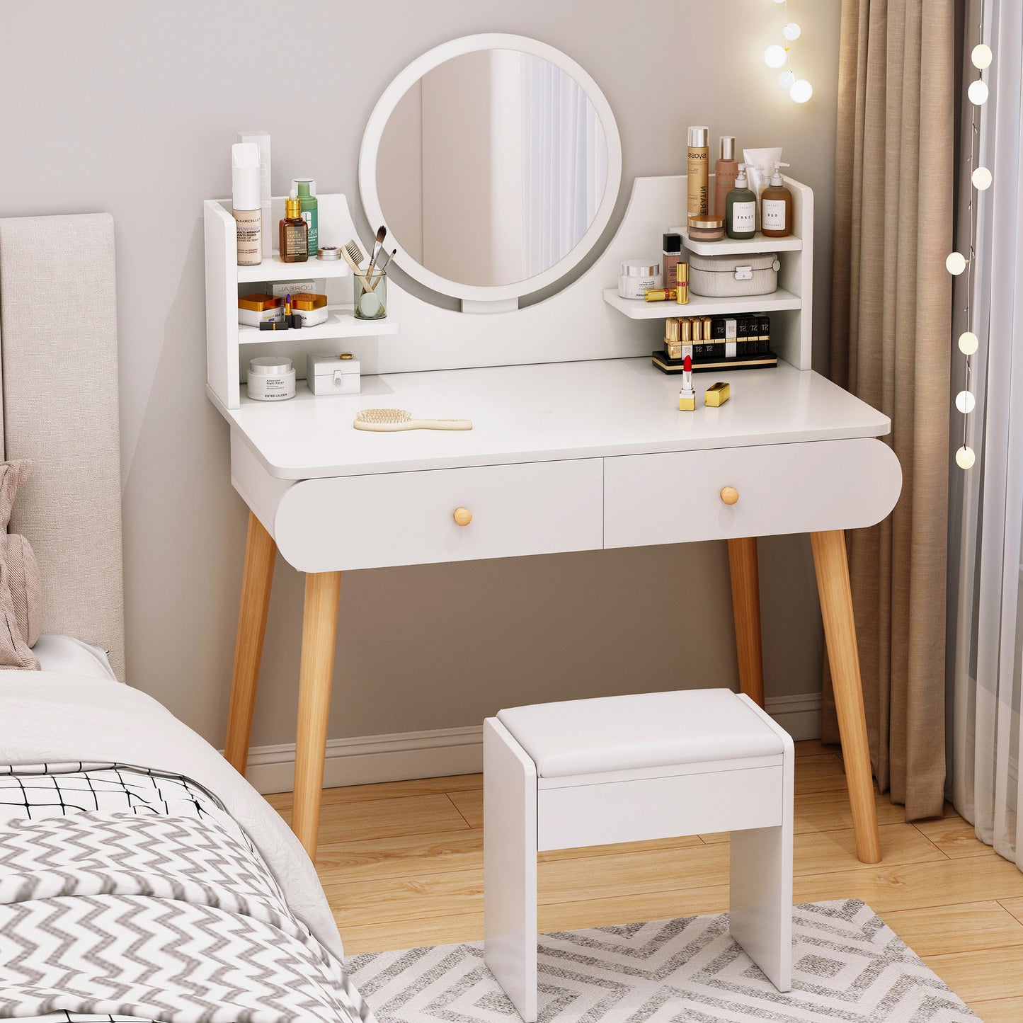 Beauty Dresser Vanity Table with Mirror, Stool and Storage Drawers Set