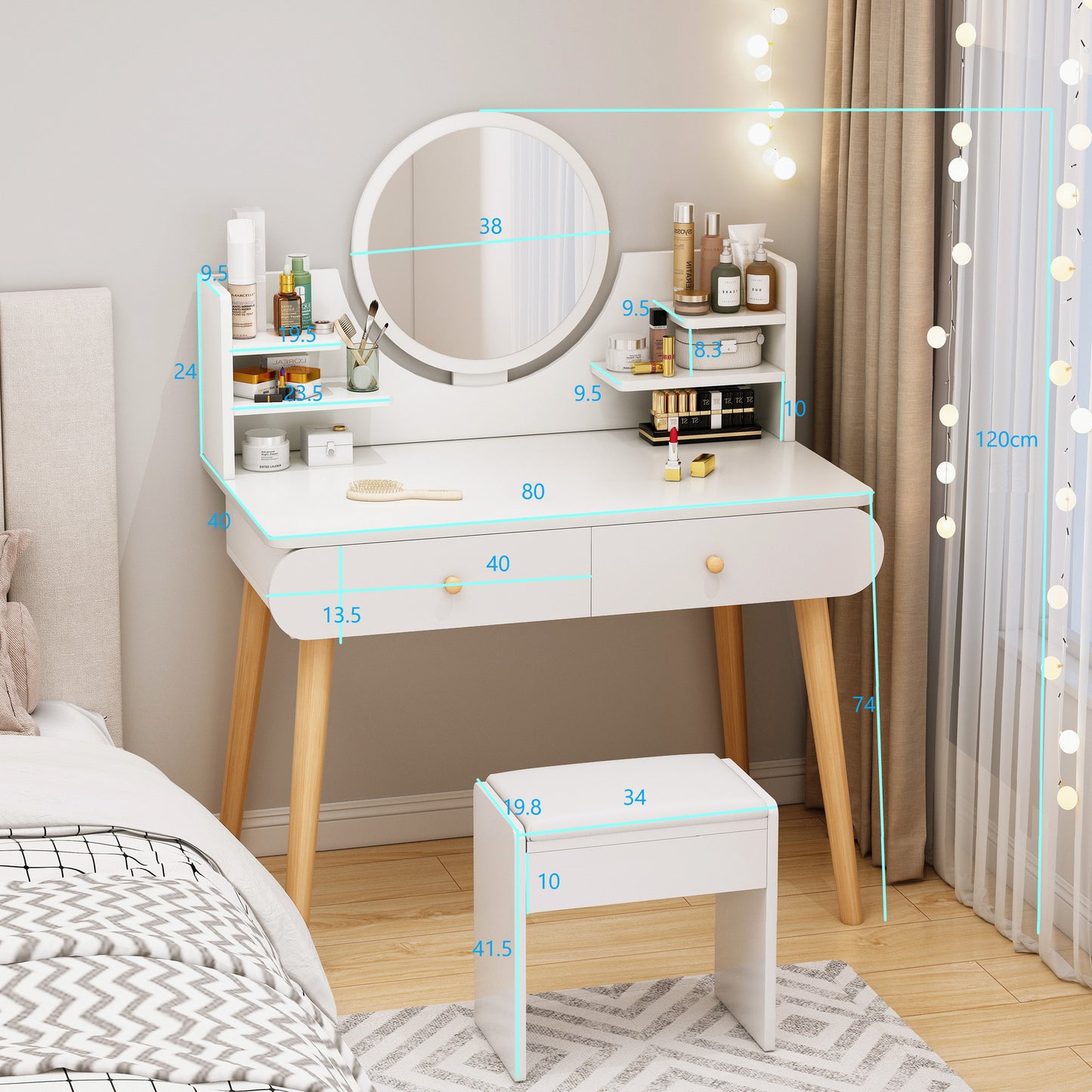 Beauty Dresser Vanity Table with Mirror, Stool and Storage Drawers Set