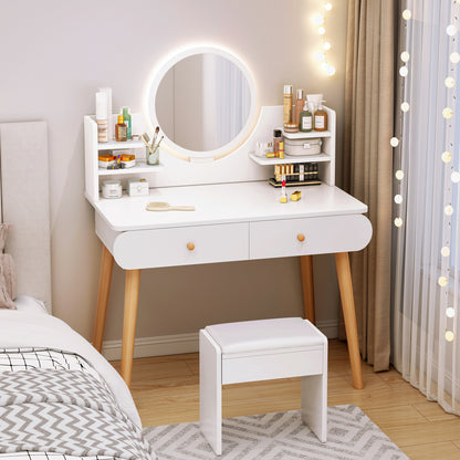 LED Luminous Beauty Dresser Vanity Table with Mirror, Stool and Storage Drawers Set