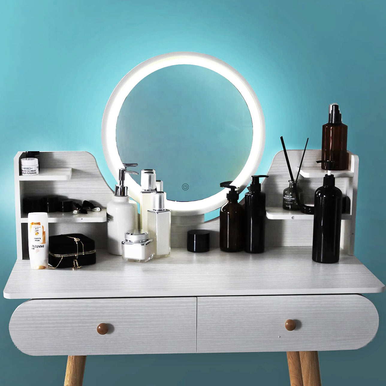 LED Luminous Beauty Dresser Vanity Table with Mirror, Stool and Storage Drawers Set