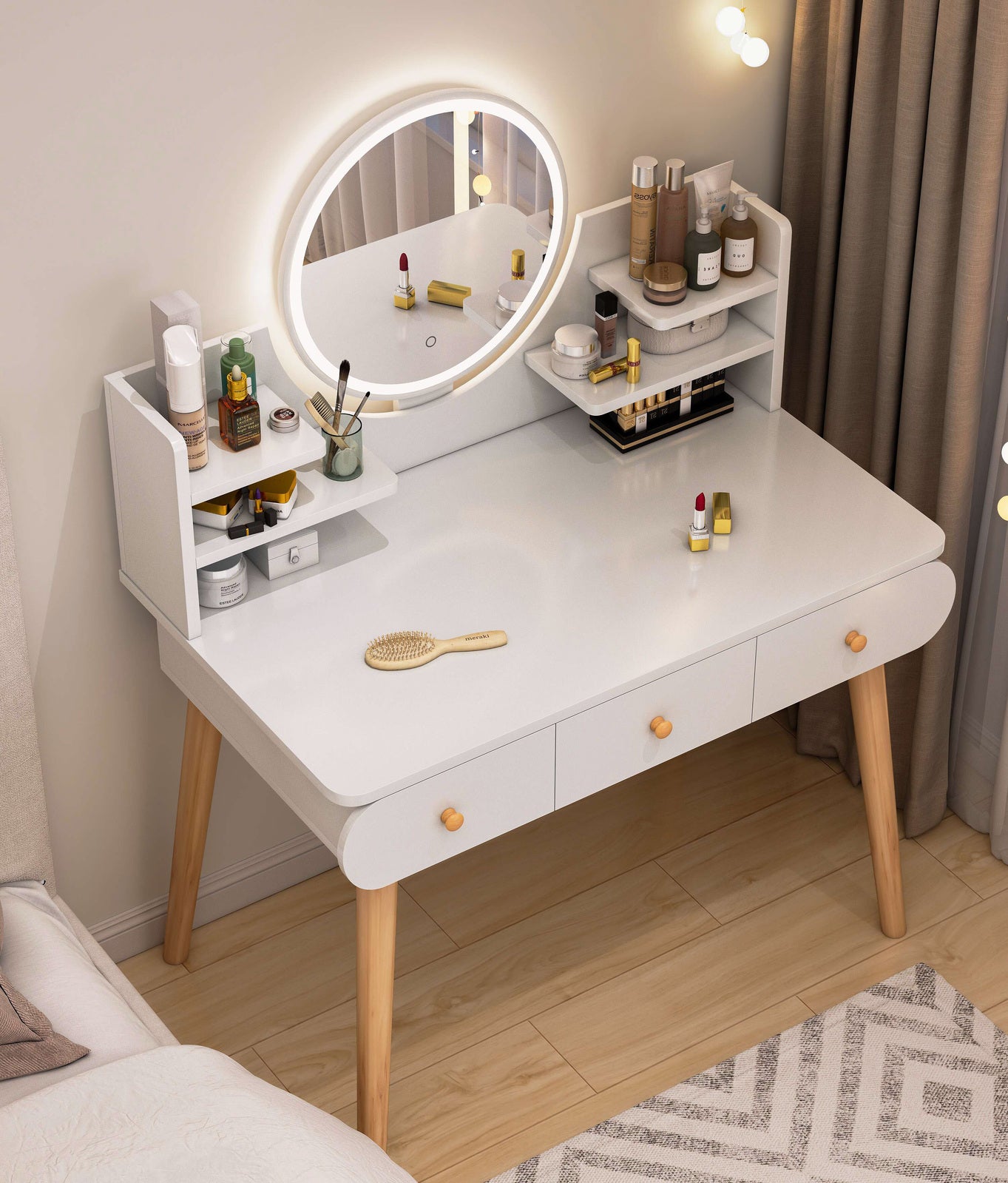 LED Luminous Beauty Large Dresser Vanity Table with Mirror, Stool and Storage Drawers Set