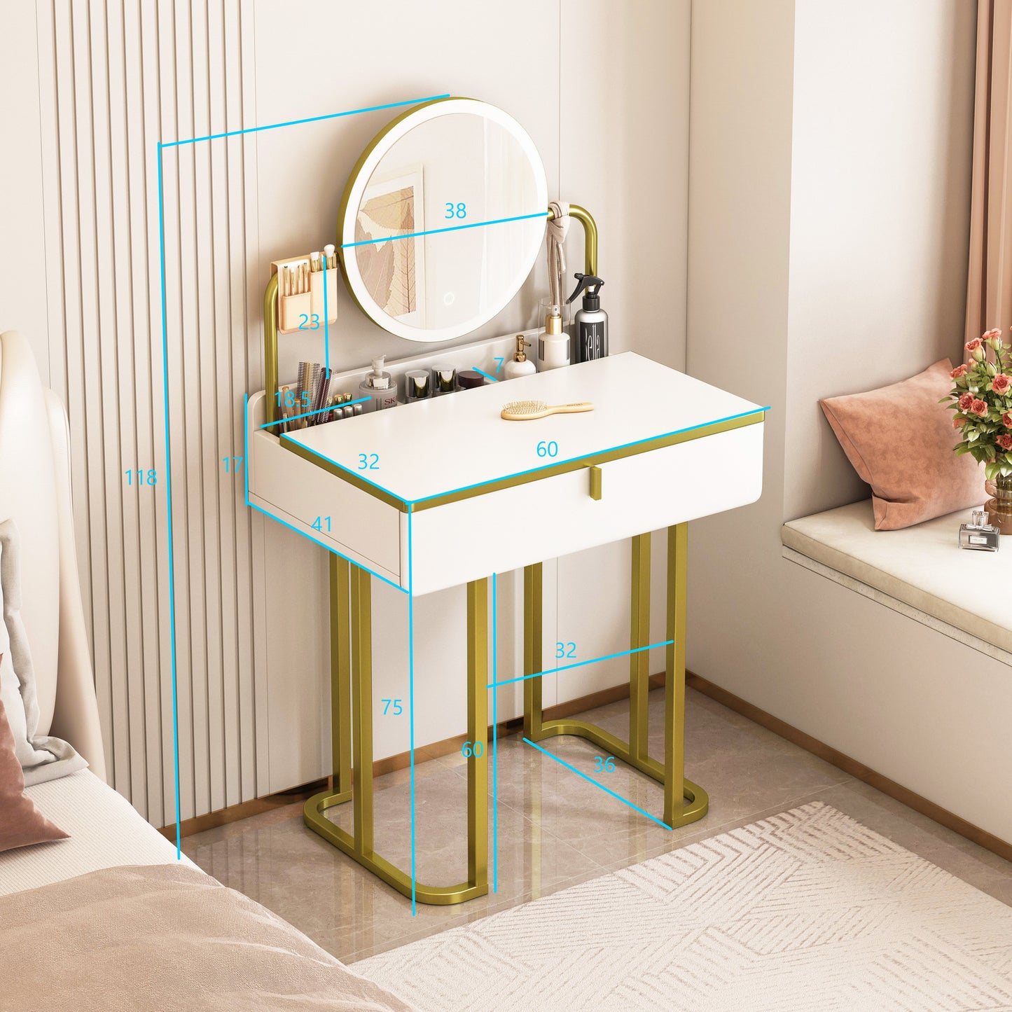 LED Luminous Lioness Dresser Vanity Table with Mirror and Storage Drawers