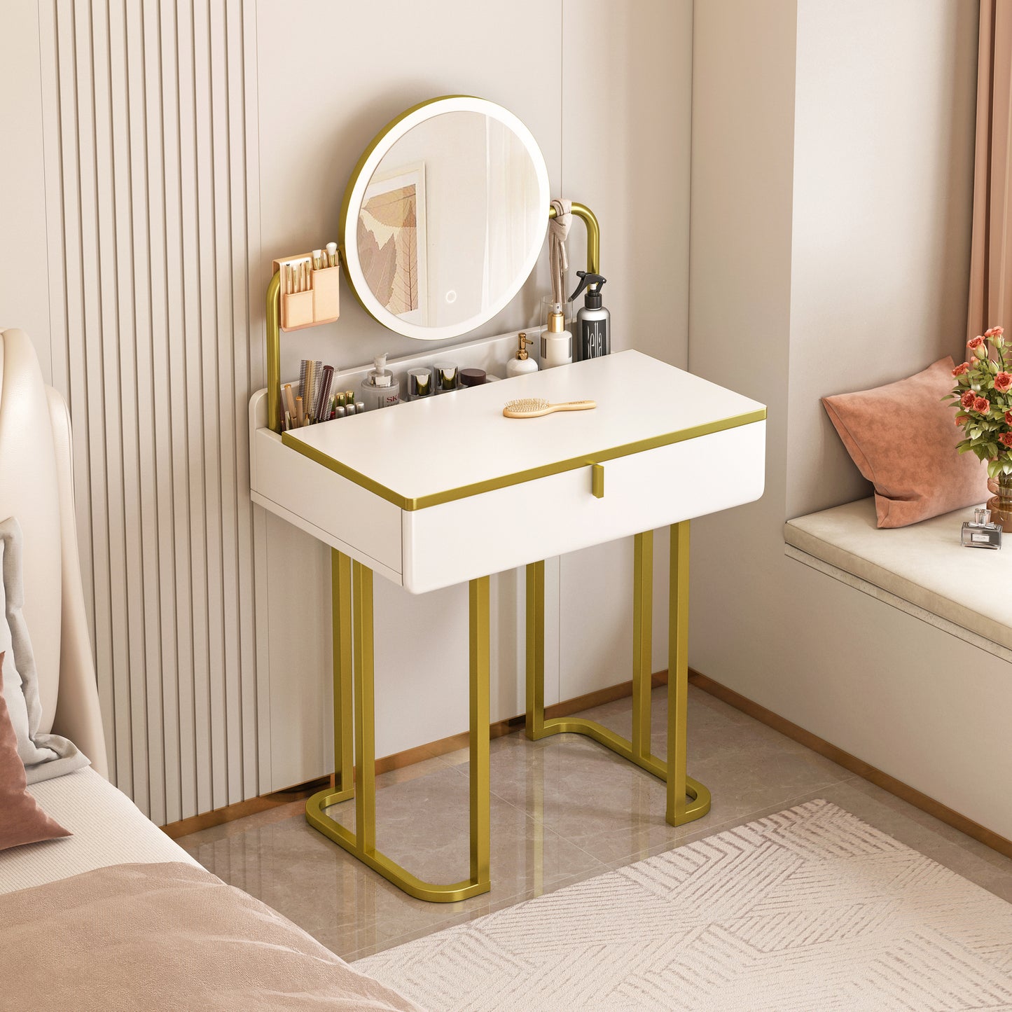 LED Luminous Lioness Dresser Vanity Table with Mirror and Storage Drawers