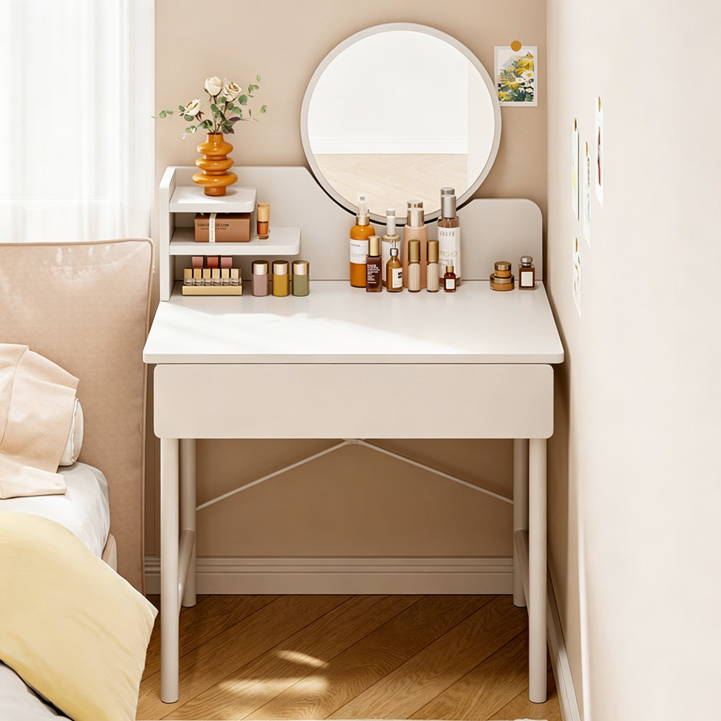 Luxe White Makeup Vanity Dressing Table Mirror Storage Shelves
