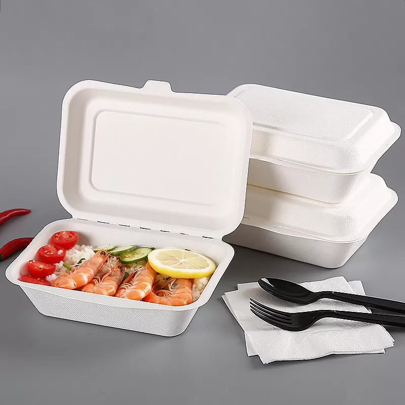 50 X Biodegradable Takeaway Dinner Box Disposable Food Containers with Lid (450mL)