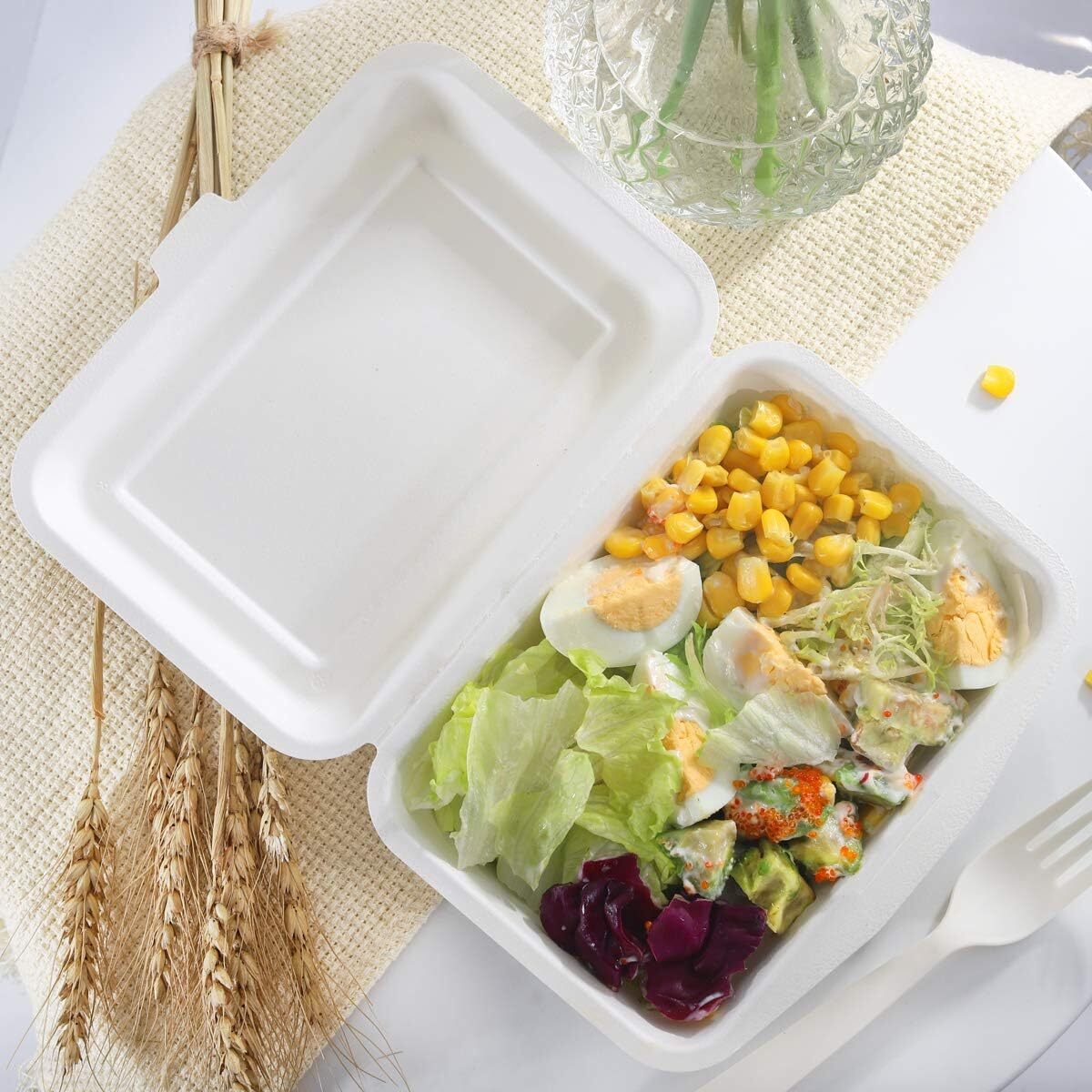 50 X Large Biodegradable Takeaway Dinner Box Disposable Food Containers with Lid (600mL)