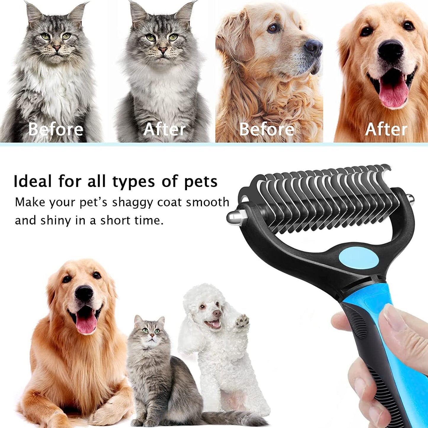 Pet Cat Dog Grooming Tool Set Detangling Brush Dematting Rake & Comb