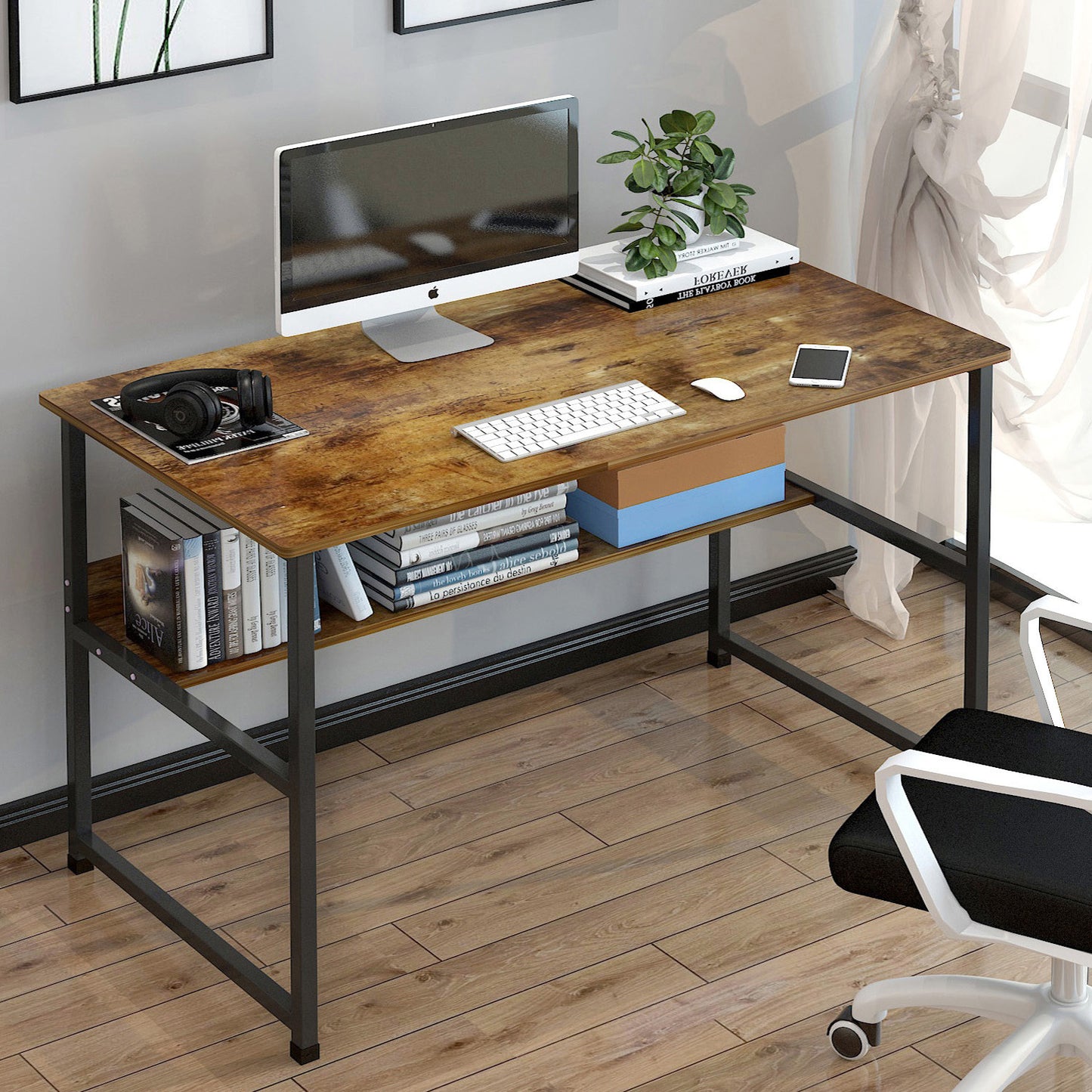 Studio Rustic Wood & Metal Computer Desk with Shelf