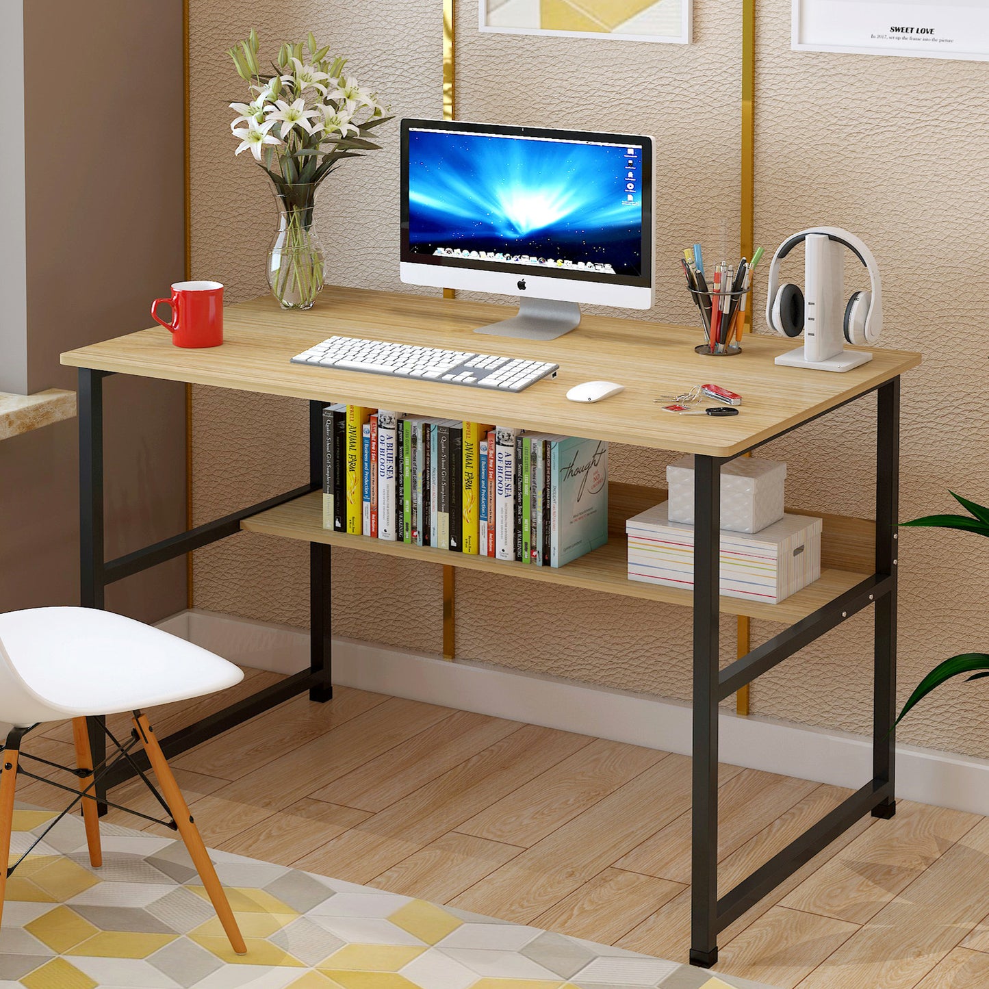 Studio Wood & Metal Computer Desk with Shelf (Oak)