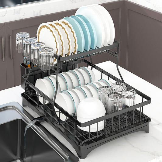 2-Tier Dish Drying Rack Kitchen Drainer Organizer with Cutlery Holder (Black)