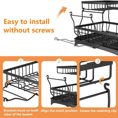 2-Tier Dish Drying Rack Kitchen Drainer Organizer with Cutlery Holder (Black)