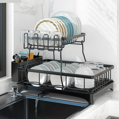 2-Tier Dish Drying Rack Kitchen Drainer Organizer with Cutlery Holder (Black)