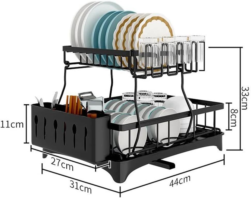 2-Tier Dish Drying Rack Kitchen Drainer Organizer with Cutlery Holder (Black)