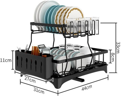 2-Tier Dish Drying Rack Kitchen Drainer Organizer with Cutlery Holder (Black)