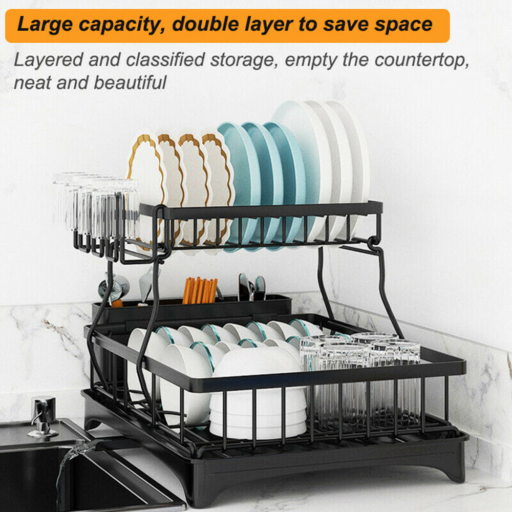 2-Tier Dish Drying Rack Kitchen Drainer Organizer with Cutlery Holder (Black)