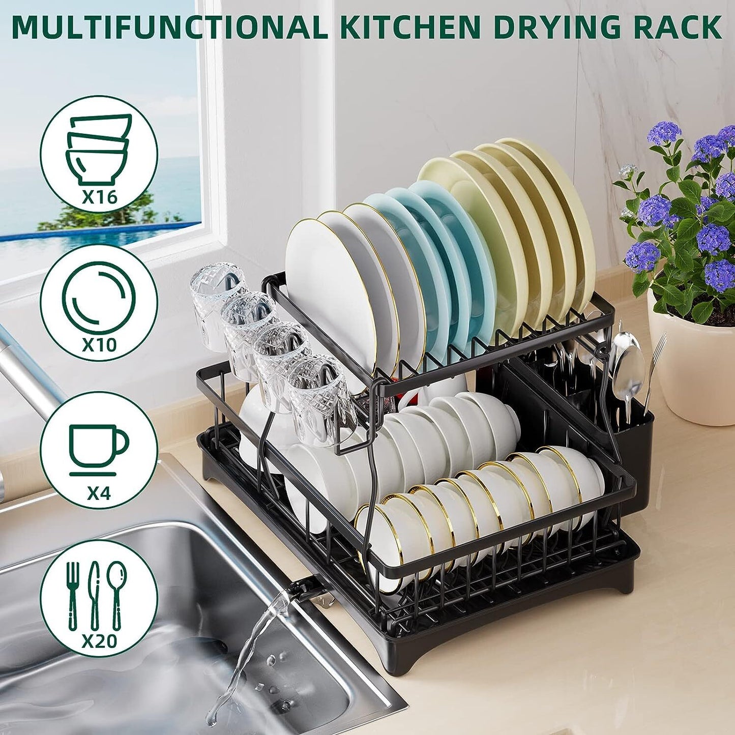 2-Tier Dish Drying Rack Kitchen Drainer Organizer with Cutlery Holder (Black)