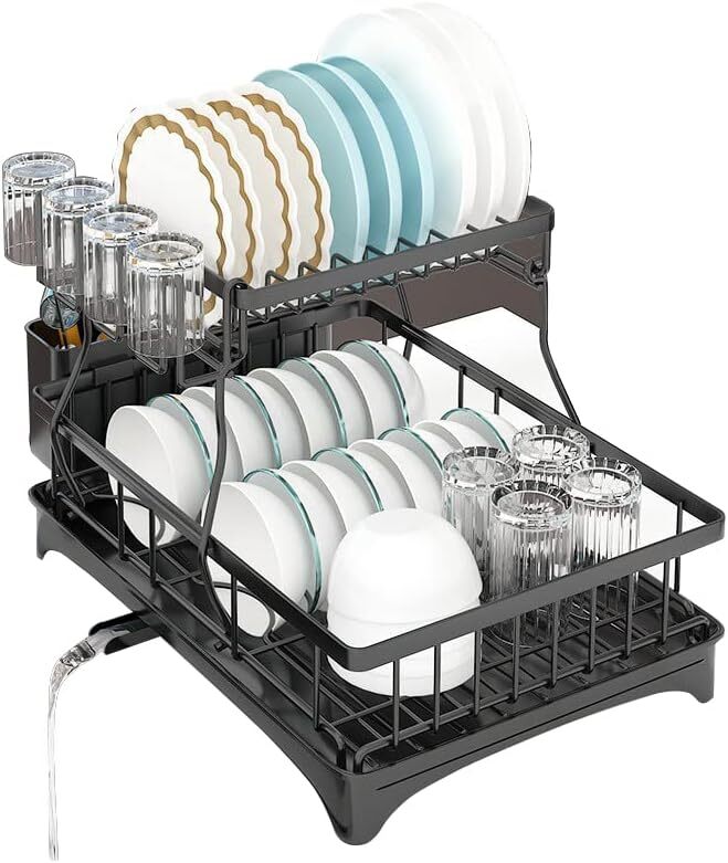 2-Tier Dish Drying Rack Kitchen Drainer Organizer with Cutlery Holder (Black)