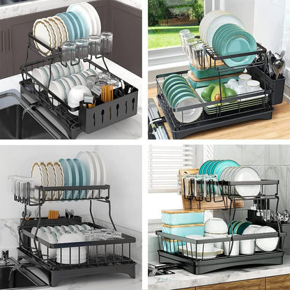 2-Tier Dish Drying Rack Kitchen Drainer Organizer with Cutlery Holder (Black)