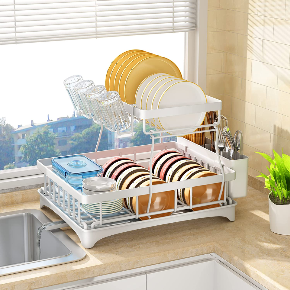 2-Tier Dish Drying Rack Kitchen Drainer Organizer with Cutlery Holder (White)