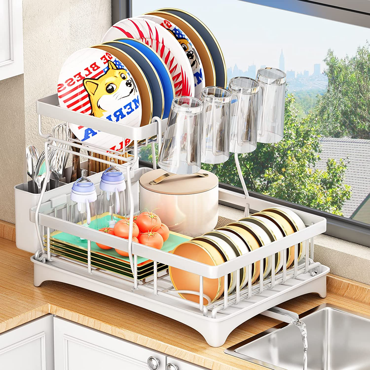 2-Tier Dish Drying Rack Kitchen Drainer Organizer with Cutlery Holder (White)