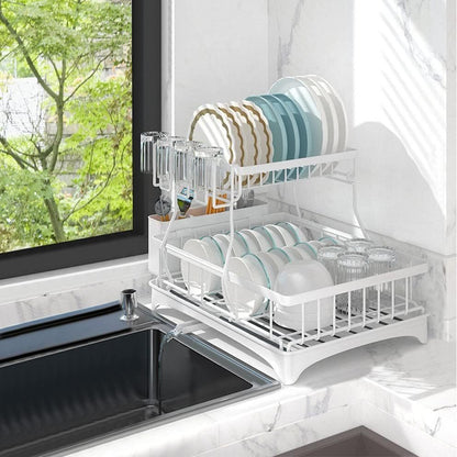 2-Tier Dish Drying Rack Kitchen Drainer Organizer with Cutlery Holder (White)