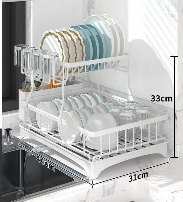 2-Tier Dish Drying Rack Kitchen Drainer Organizer with Cutlery Holder (White)