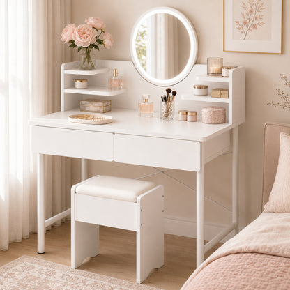 Luxe LED White Makeup Vanity Dressing Table Mirror Drawers Shelves