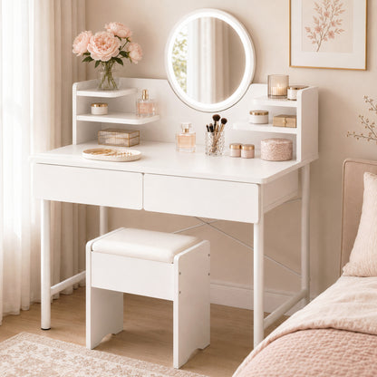 Luxe White Dressing Table LED Mirror Makeup Vanity Drawers Stool Set
