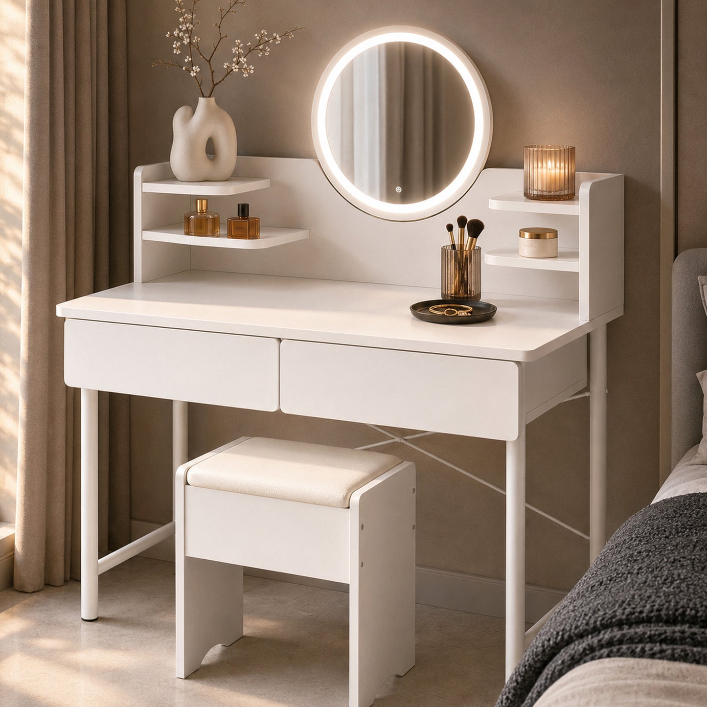 Luxe White Dressing Table LED Mirror Makeup Vanity Drawers Stool Set
