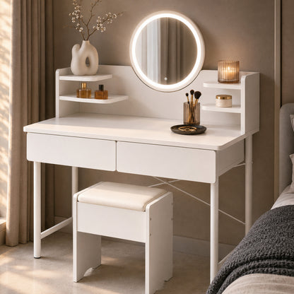 Luxe White Dressing Table LED Mirror Makeup Vanity Drawers Stool Set