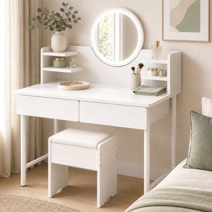 Luxe White Dressing Table LED Mirror Makeup Vanity Drawers Stool Set